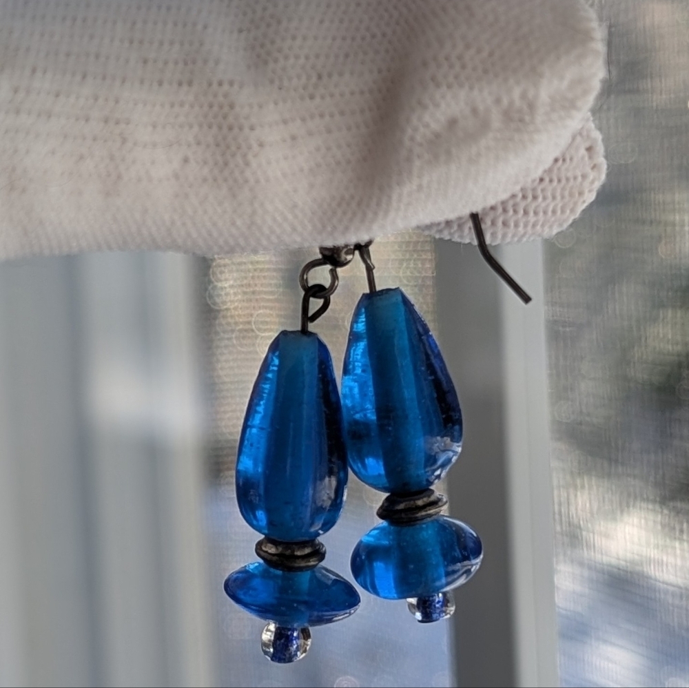 Cobalt Blue Glass Dangle Earrings | Silver-Tone